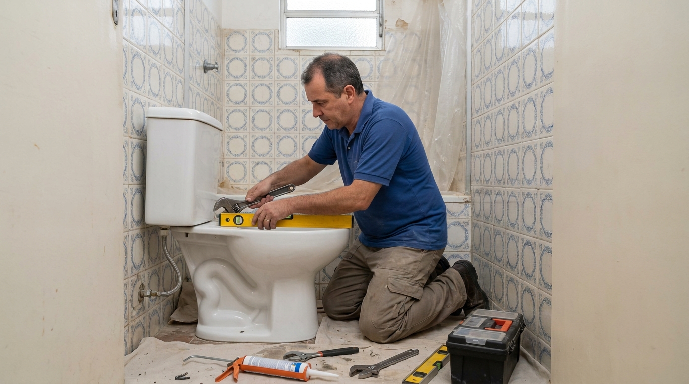 Técnico instalando vaso sanitário em Novo Hamburgo‑RS